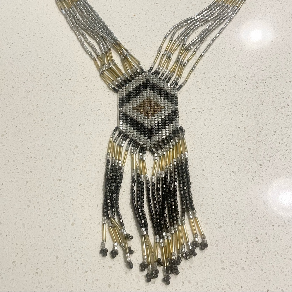 Panacea Boho Beaded Fringe Necklace in Gold and Silver - Picture 2 of 5